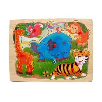 Puzzle lemn - animale jucause in jungla, 5 piese Puzzle lemn - animale jucause in jungla, 5 piese