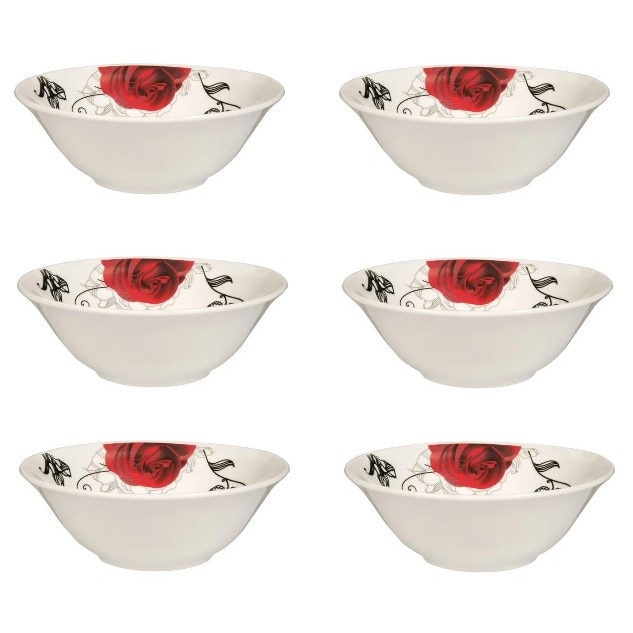 Set format din 6 boluri de servit din portelan pentru supa, alb model cu trandafiri, 450 ml