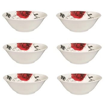 Set format din 6 boluri de servit din portelan pentru supa, alb model cu trandafiri, 450 ml Set format din 6 boluri de servit din portelan pentru supa, alb model cu trandafiri, 450 ml