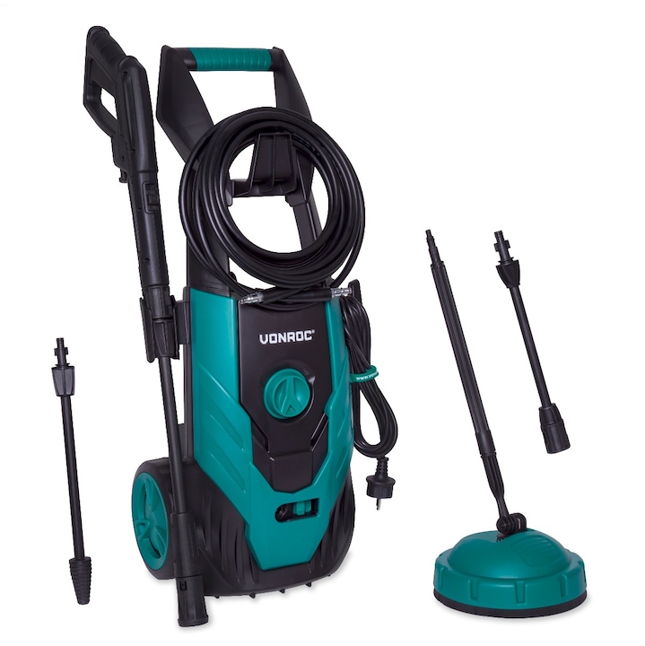 Aparat de spalat cu presiune VONROC, PW502AC, putere 1800W, presiune 140 bar, debit maxim 420 l/min, rezervor detergent, lungime furtun 8m, lungime cablu 5m, pompa din aluminiu, sistem automatic start/stop, accesorii incluse, greutate 9kg