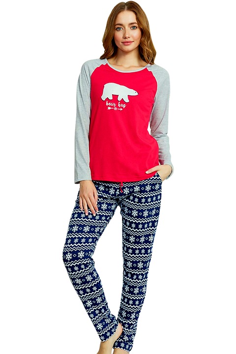 Pijama Dama, Vienetta, Model 'Bear Hug', Culoare Rosu/Albastru