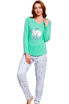Pijama Dama, Vienetta, Model 'I Love Sleep', Culoare Verde/Gri Pijama Dama, Vienetta, Model 'I Love Sleep', Culoare Verde/Gri
