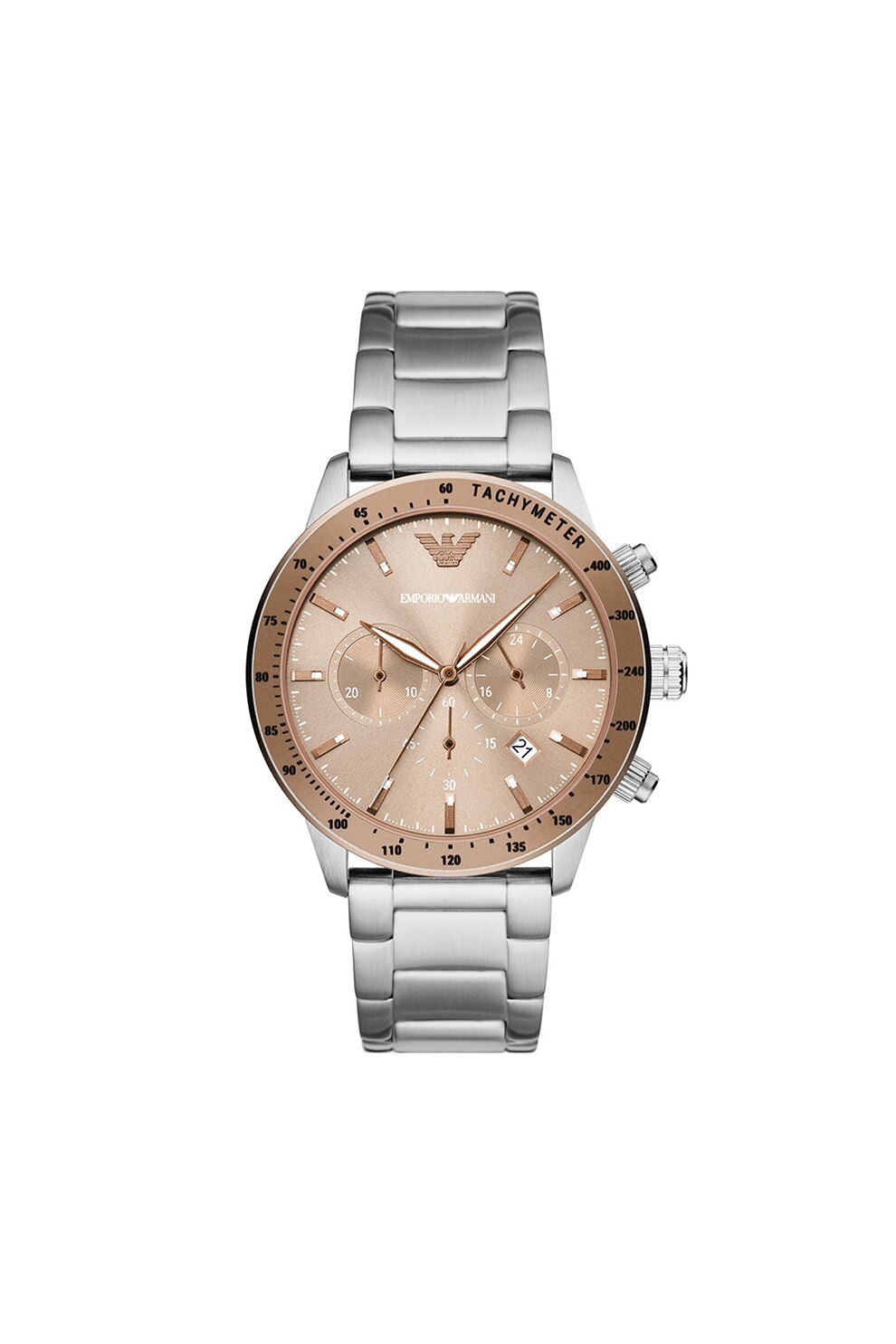 Emporio Armani, Ceas analog cronograf, Argintiu/Bej metalizat