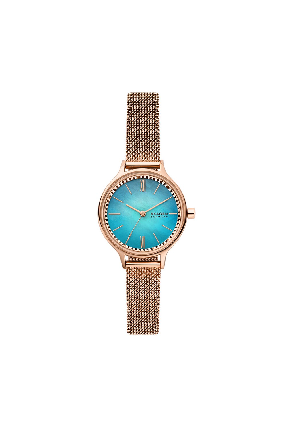 Skagen, Ceas analog cu bratara cu model plasa, Auriu rose/Albastru