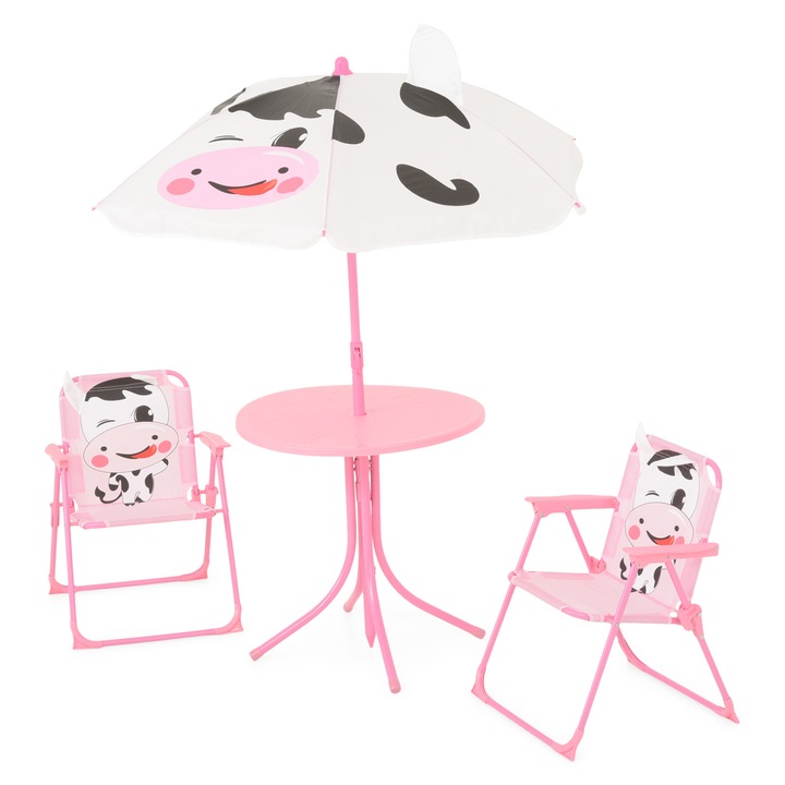 Set 2 scaune, masuta si umbrela copii gradina/terasa Maison Mex COW roz