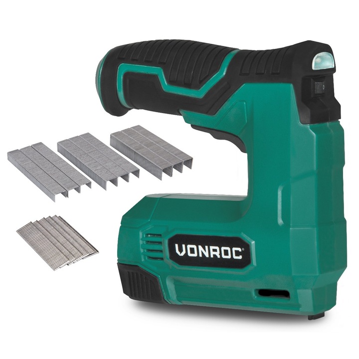 Capsator VONROC ET503DC, cu acumulator 4V, inclusiv 900 capse si 300 cuie, maner cu prindere moale, cui de siguranta, indicator nivel de umplere