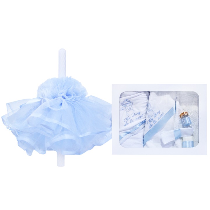 Set complet pentru botez, lumanare si trusou, alb-bleu, cu mesaj „Cu drag de la nasi”, 7 piese, REC404