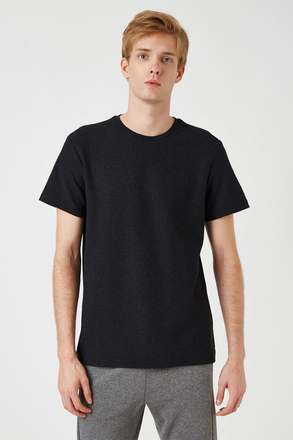 KOTON, Tricou din amestec de bumbac cu decolteu la baza gatului, Negru, S
