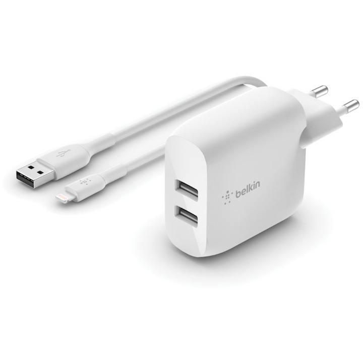 Belkin BoostCharge Dual USB-A Wall Charger 24W + Lightning to USB-A Cable White, 226884, Töltő