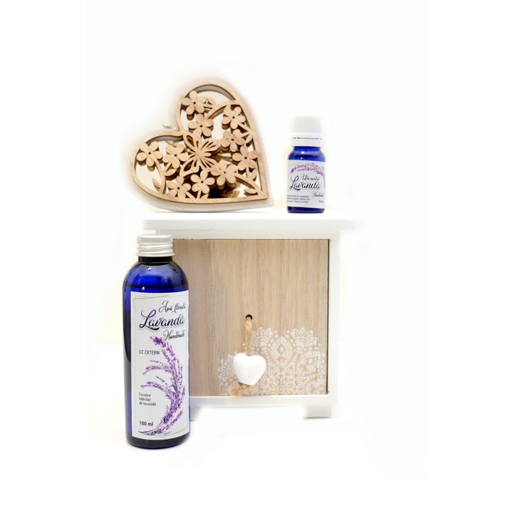 Set ulei esential lavanda 10 ml, natural, plus apa de lavanda 100 ml, caseta cu inimioara