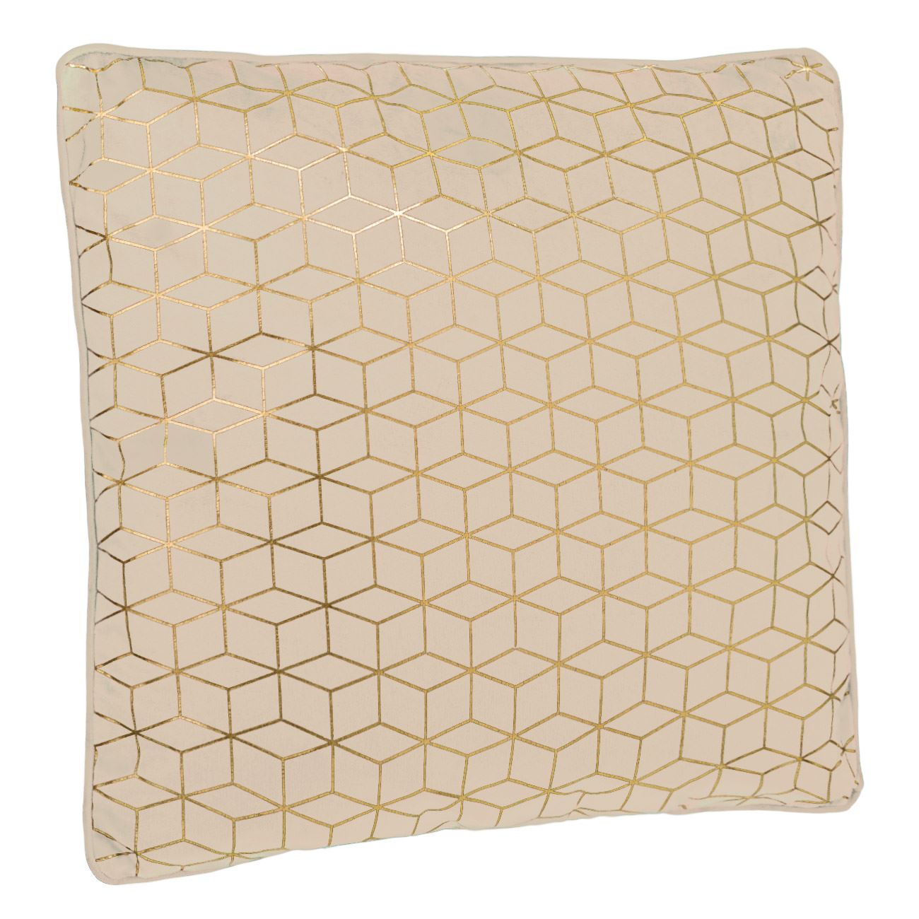 Perna decorativa, Zola, patrata, cu dungulite aurii, model cuburi, 45x45 cm, bej