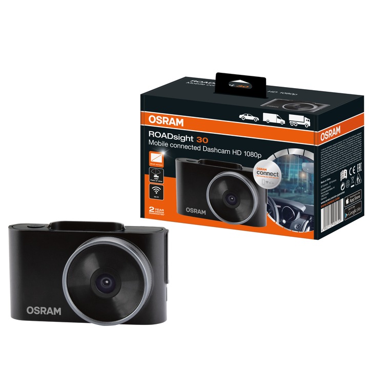 Видеорегистратор DVR Osram ROADsight 30, Full HD 1080p 30fps, Зрителен ъгъл 130 градуса, Дисплей 2 инча, Сензор G, WiFi&Osramconnect