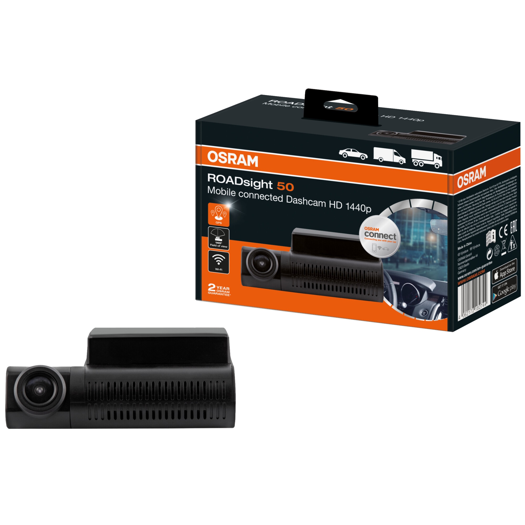 Camera auto DVR Osram ROADsight 50, Full HD 1440p 30fps, unghi vizualizare 140 grade , senzor G , GPS, WiFi&Osramconnect