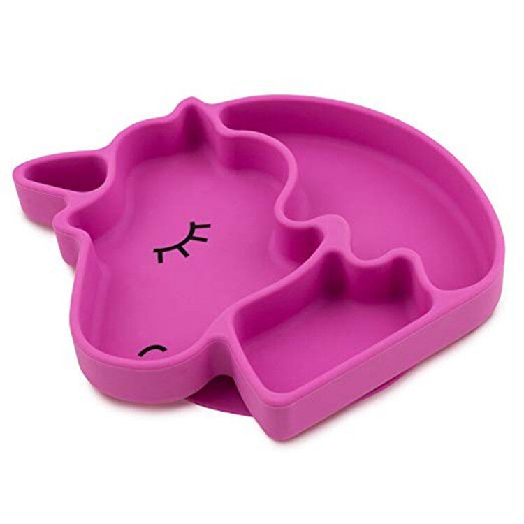 Farfurie silicon alimentar Unicorn bebelusi, cu ventuza, compatibila cuptor, fara BPA, fuchsia