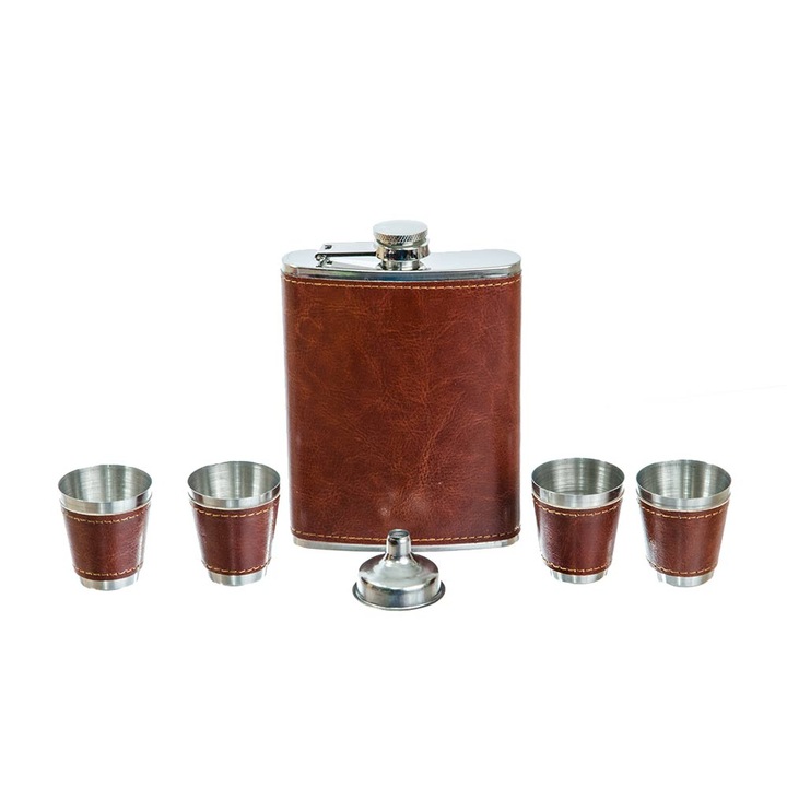 Мъжки подаръчен комплект, колба с 4 чаши и фуния, в кафяв кожен калъф, Yigo