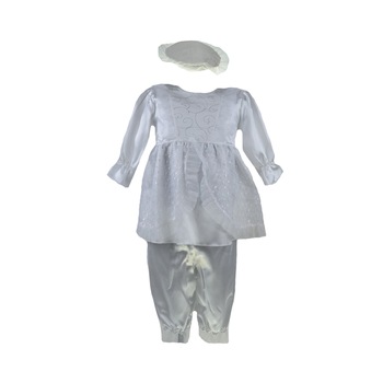 Set 3 piese rochie, pantaloni si bereta pentru fete Pifou 100-62A, Alb, 3 luni Set 3 piese rochie, pantaloni si bereta pentru fete Pifou 100-62A, Alb, 3 luni