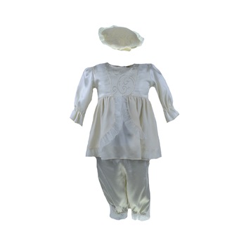 Set 3 piese rochie, pantaloni si bereta pentru fete Pifou 100-62C, Crem, 4 luni Set 3 piese rochie, pantaloni si bereta pentru fete Pifou 100-62C, Crem, 4 luni