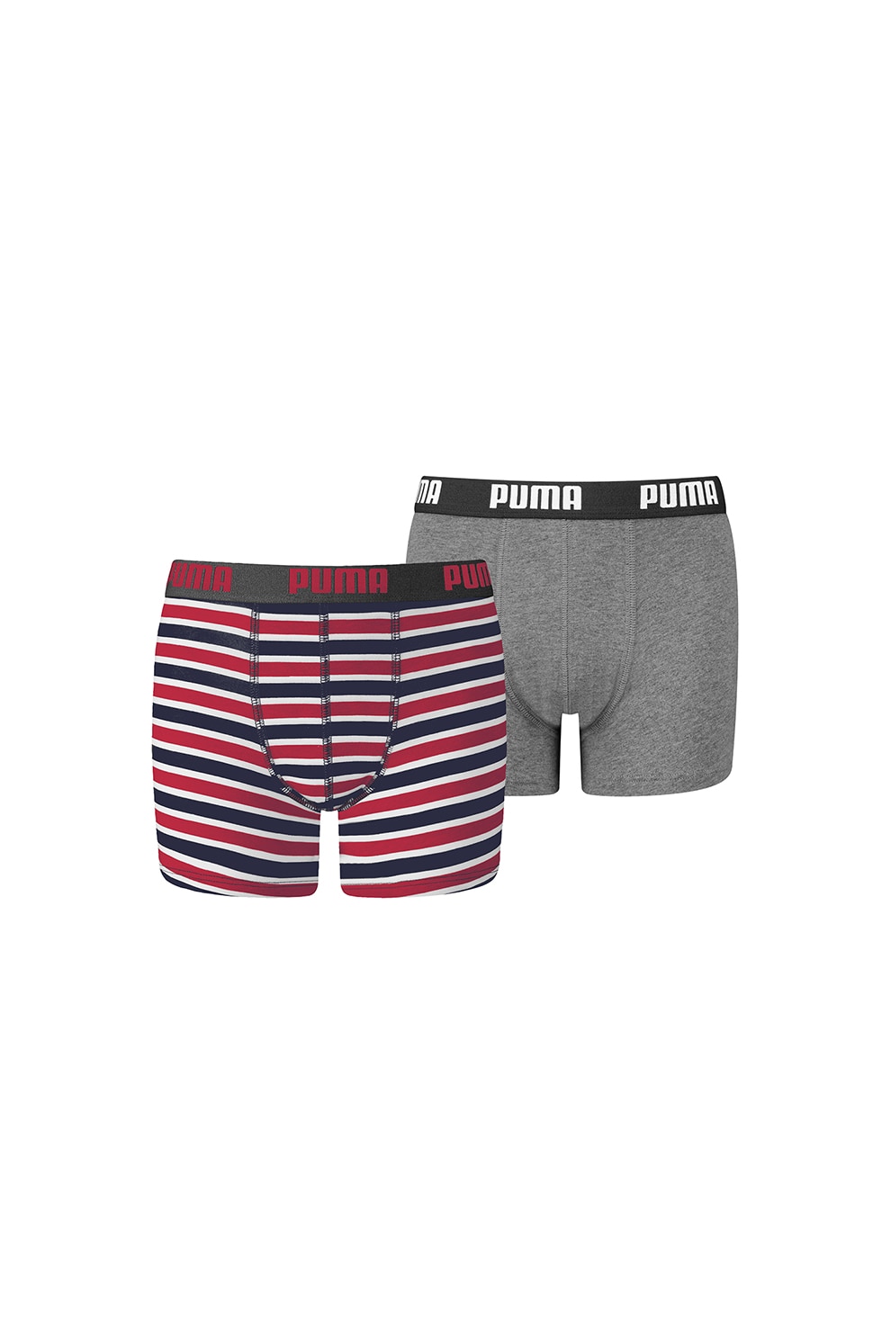 Puma, Set 2 perechi de boxeri, bumbac, baieti, cu banda logo in talie, Gri/Rosu/Bleumarin