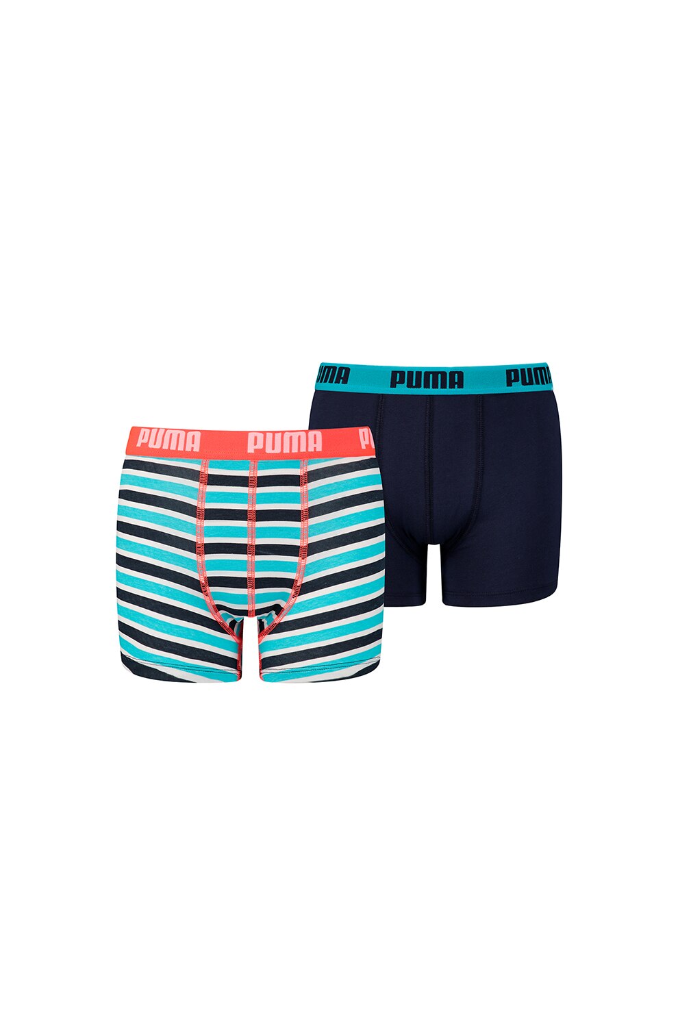 Puma, Set 2 perechi de boxeri, bumbac, baieti, cu banda logo in talie, Albastru aqua/Bleumarin