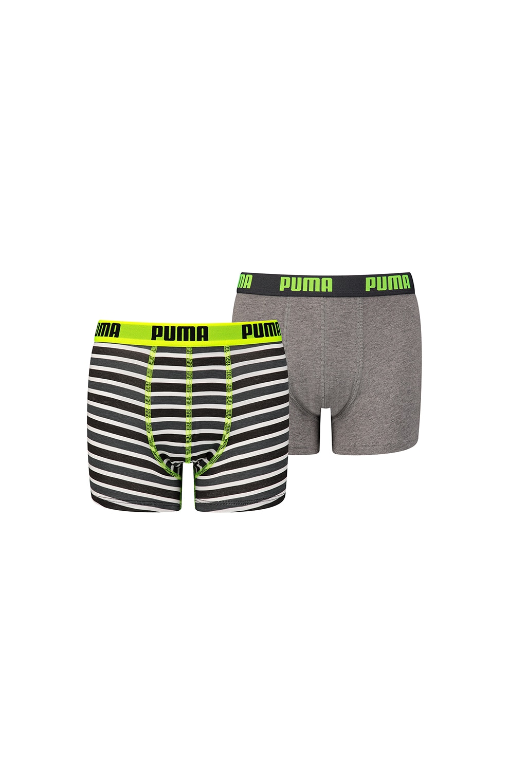 Puma, Set 2 perechi de boxeri, bumbac, baieti, cu banda logo in talie, Gri/Verde neon