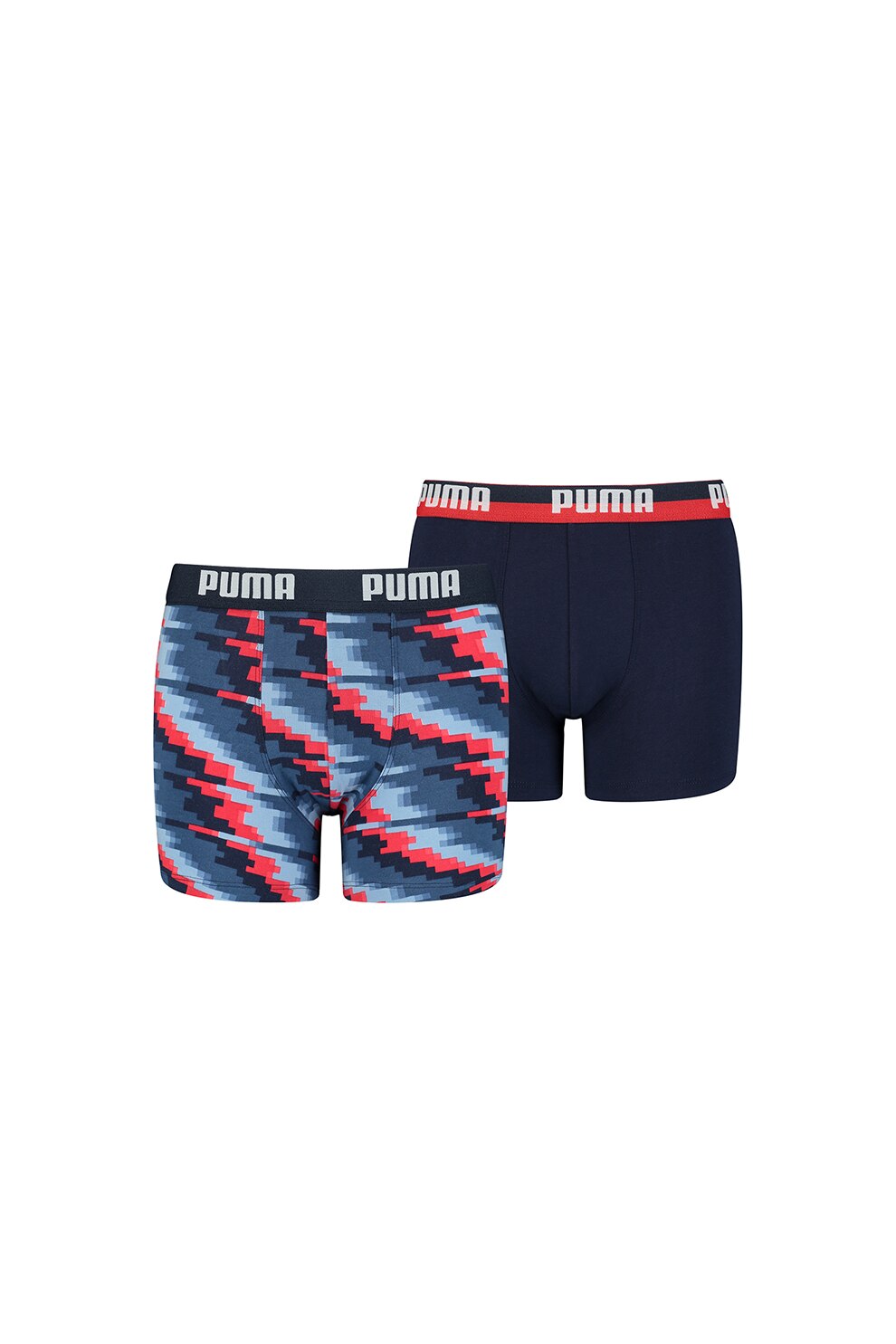 Puma, Set 2 perechi de boxeri, bumbac, baieti, cu imprimeu, uni si banda logo, Bleumarin/rosu/albastru prafuit