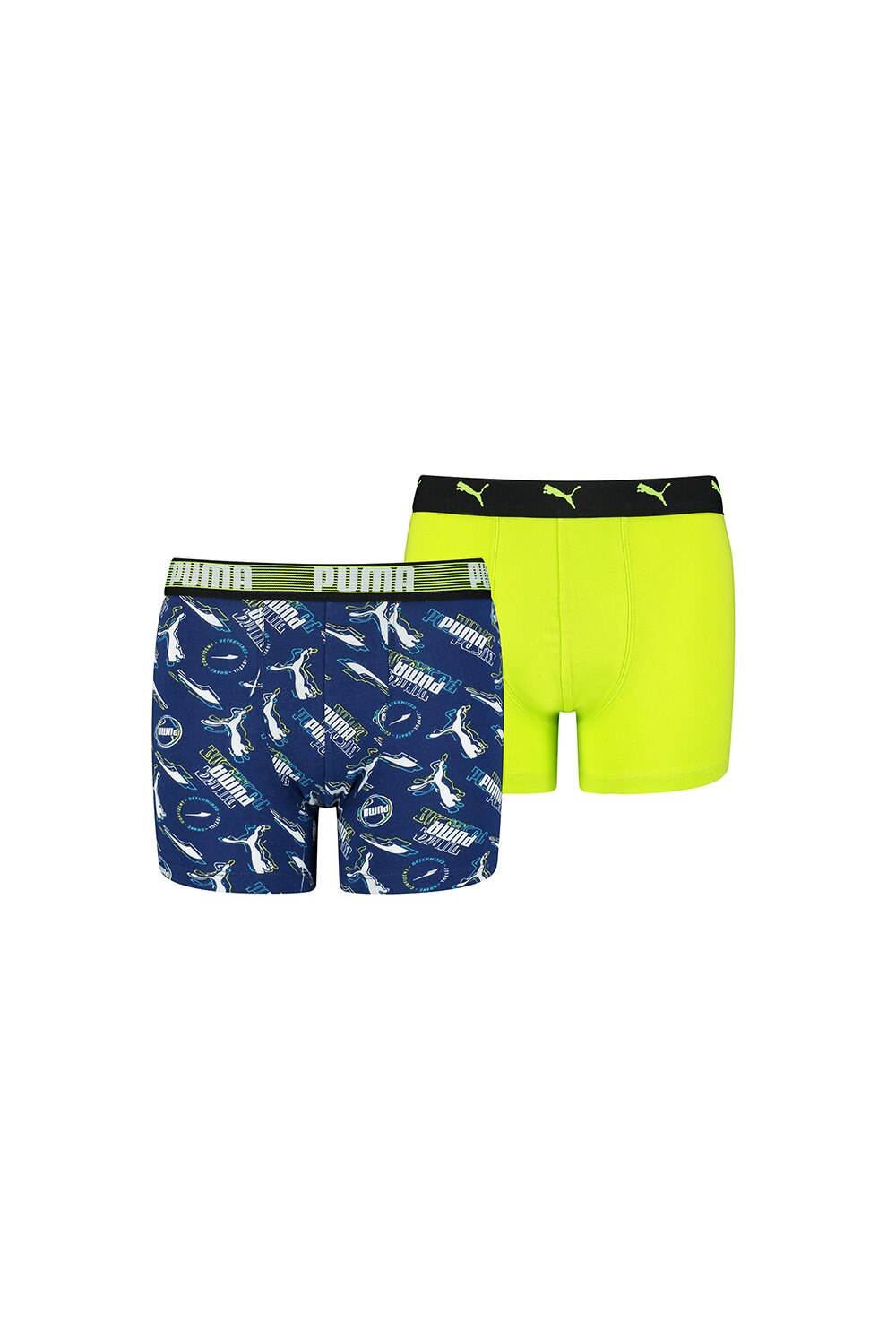 Puma, Set 2 perechi de boxeri, imprimeu logo, Albastru inchis/Verde neon