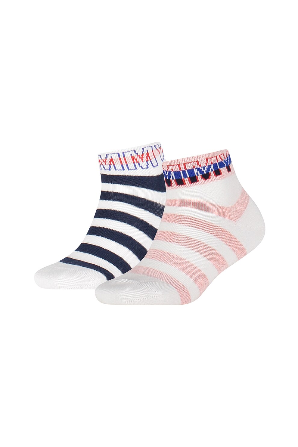 Tommy Hilfiger, Set 2 perechi de sosete scurte imprimeu cu dungi, Roz somon/Bleumarin/Alb, 31-34 EU