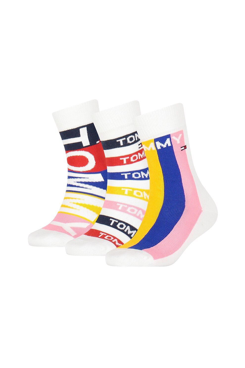 Tommy Hilfiger, Set 3 perechi de sosete cu model logo, Alb/roz pastel/galben sofran