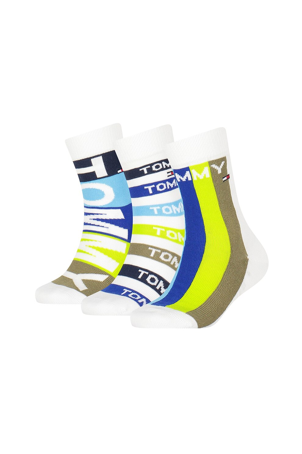 Tommy Hilfiger, Set 3 perechi de sosete cu model logo, Verde lime/verde militar/albastru