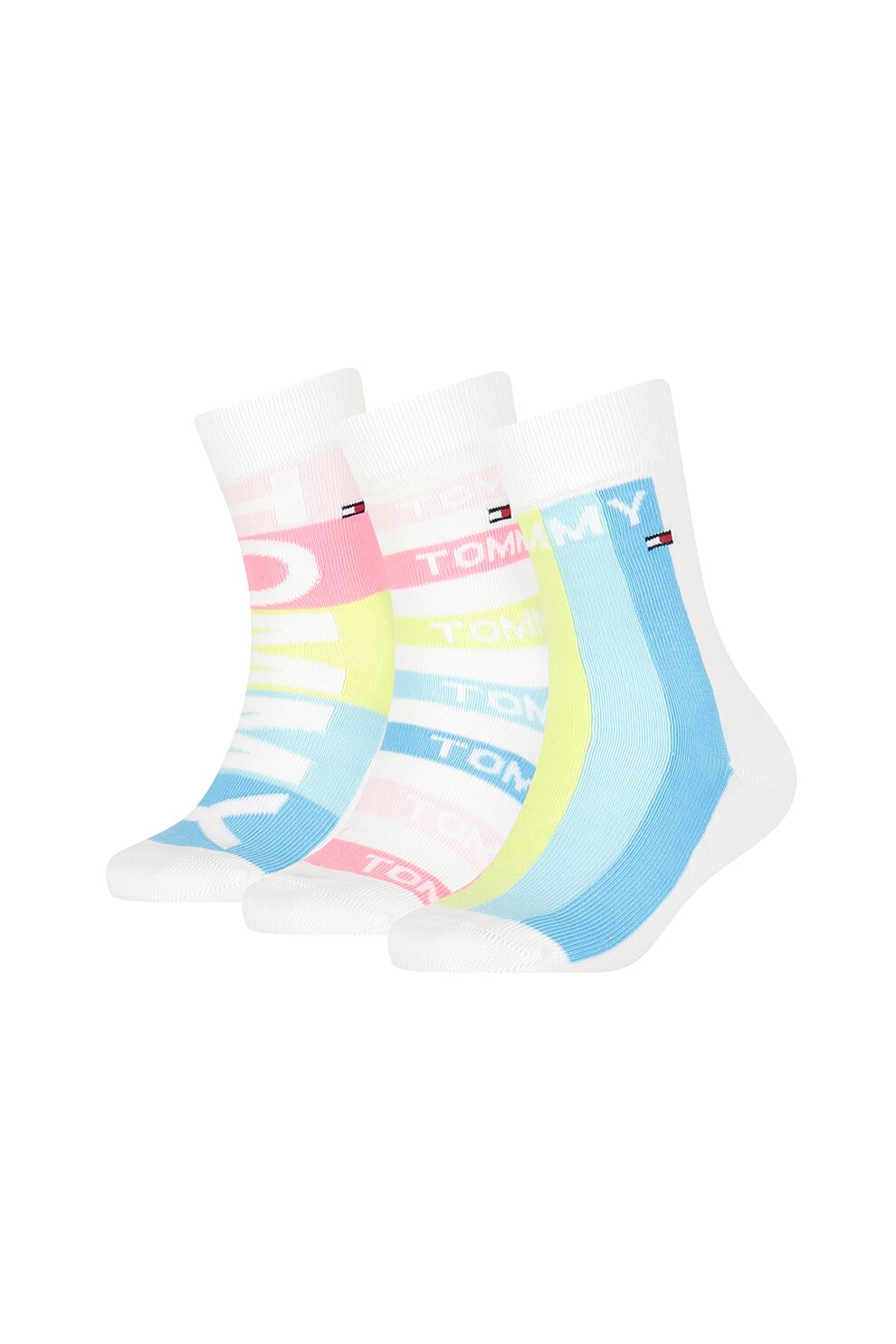 Tommy Hilfiger, Set 3 perechi de sosete cu model logo, ALbastru pastel/Alb/Roz