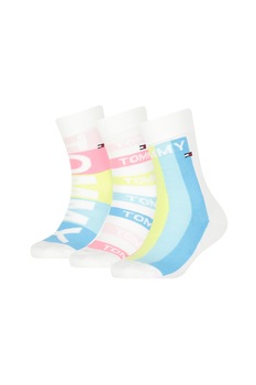 Tommy Hilfiger, Set 3 perechi de sosete cu model logo, ALbastru pastel/Alb/Roz Tommy Hilfiger, Set 3 perechi de sosete cu model logo, ALbastru pastel/Alb/Roz