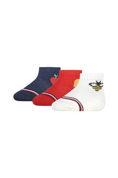 Tommy Hilfiger, Set de sosete scurte cu imprimeu - 3 perechi, Alb/Rosu inchis/Bleumarin, 11-14 EU Tommy Hilfiger, Set de sosete scurte cu imprimeu - 3 perechi, Alb/Rosu inchis/Bleumarin, 11-14 EU