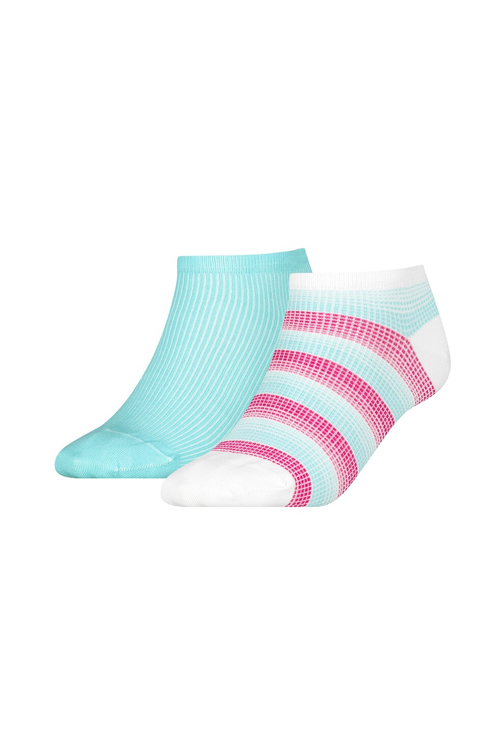 Tommy Hilfiger, Set de sosete scurte cu model uni si in dungi - 2 perechi, Albastru aquamarin/roz fucsia, 39-42