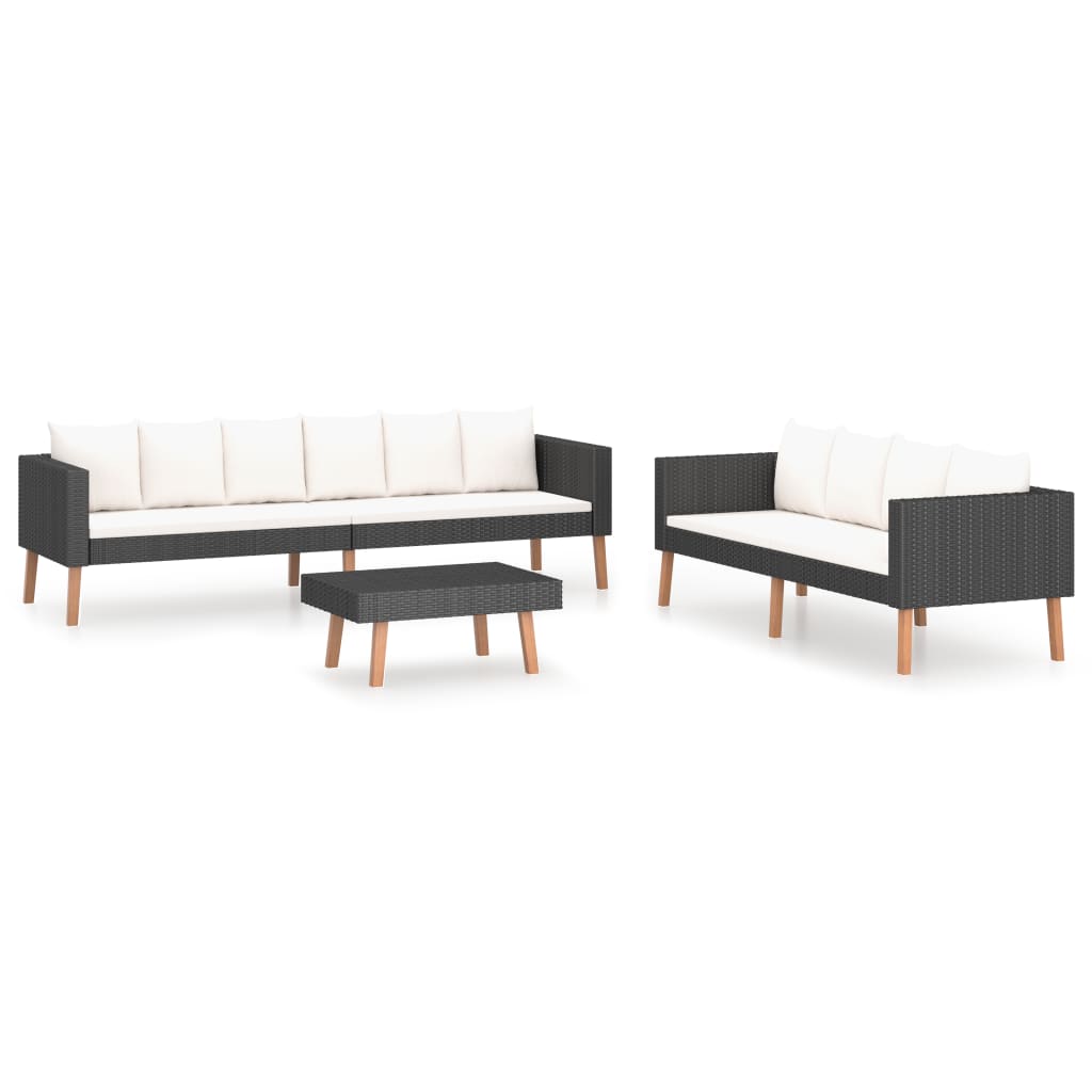 Set mobilier de gradina cu 3 piese cu perne albe, vidaXL, Ratan, 218 x 67 x 60 cm, Negru