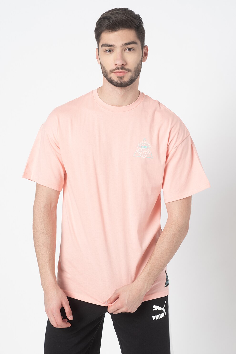 Puma, Tricou cu decolteu la baza gatului si logo, Roz pastel/Alb/Albastru aqua