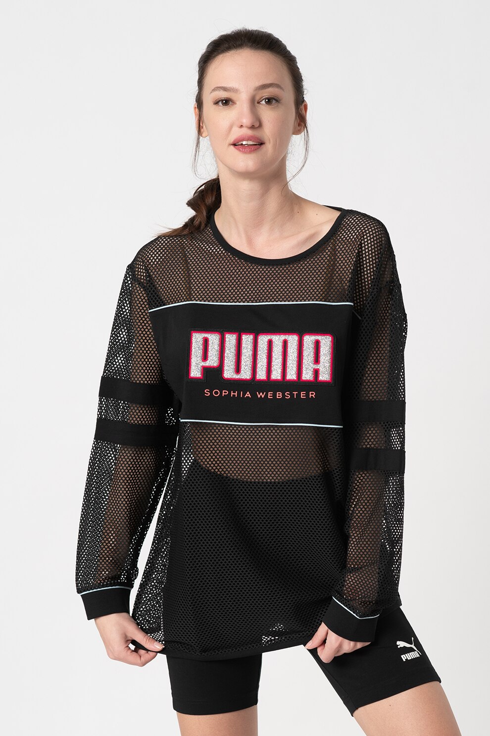 Puma, Bluza lejera de plasa cu imprimeu stralucitor, Negru/Argintiu
