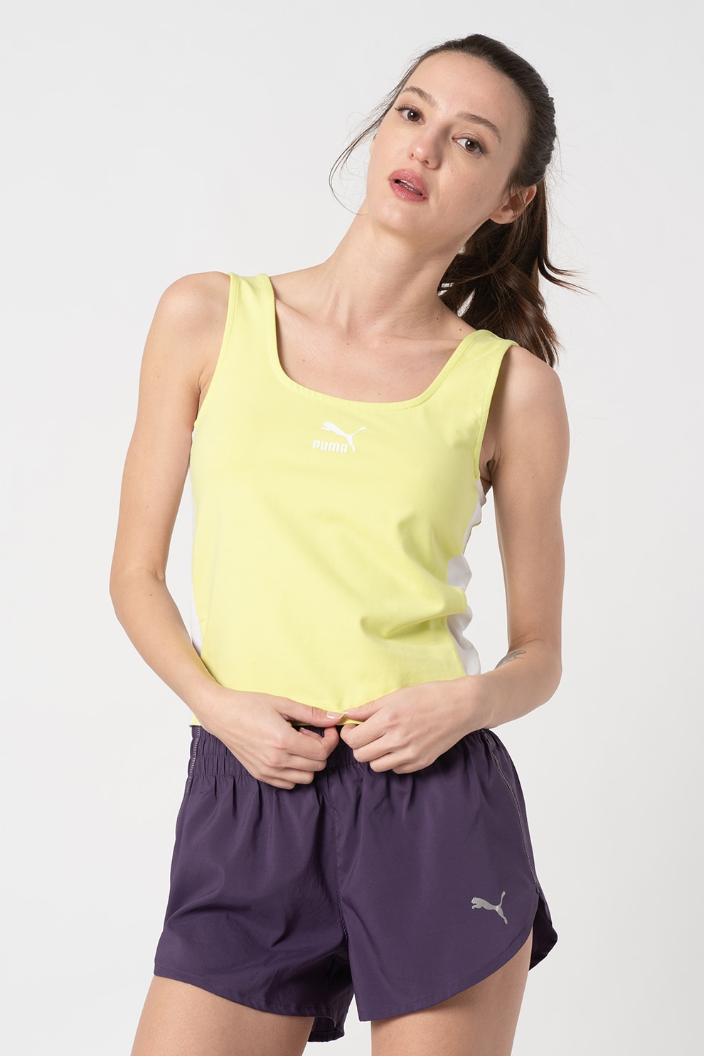 Puma, Top crop cu decolteu rotund, Verde lime/Alb