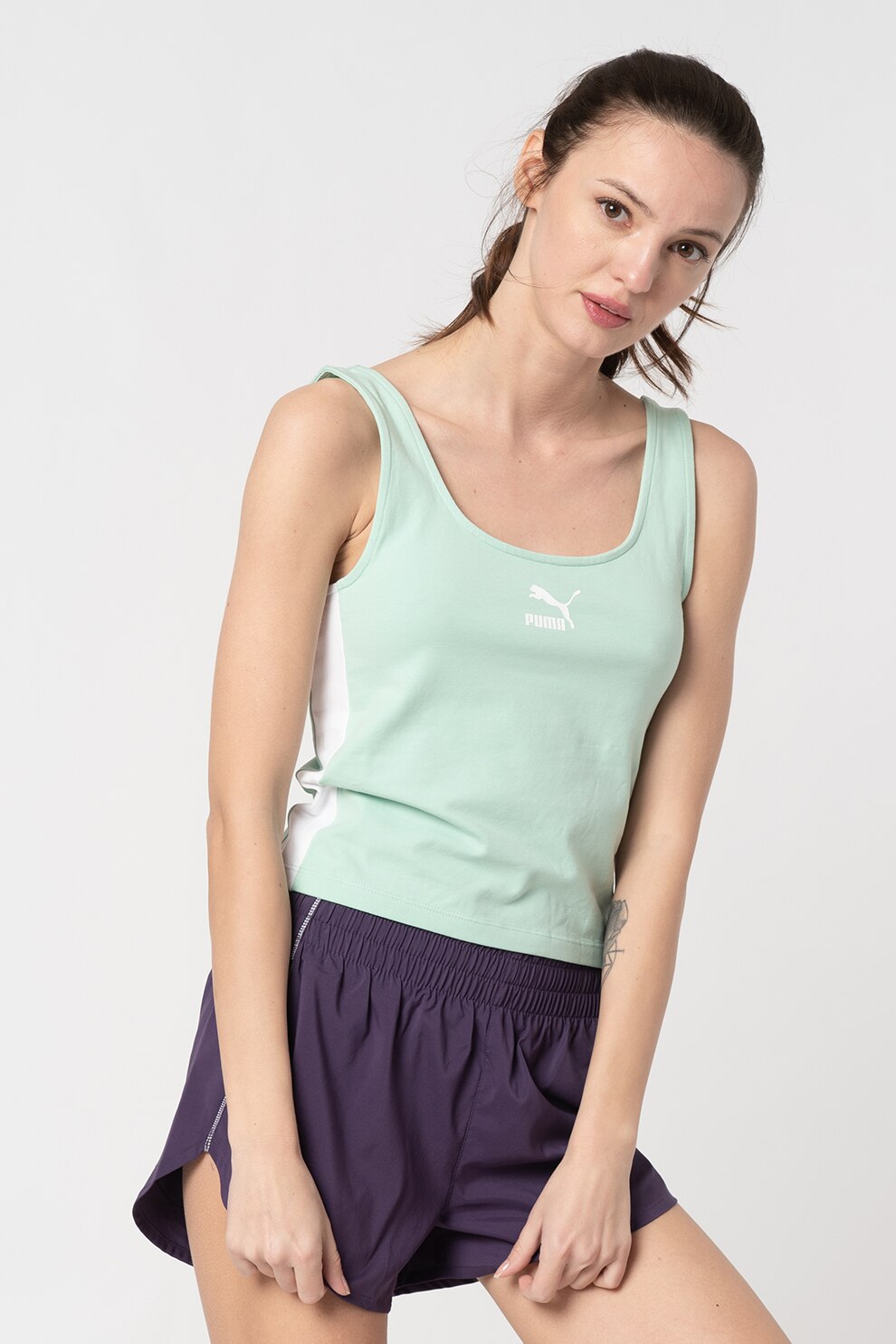Puma, Top crop cu decolteu rotund, Verde menta/Alb