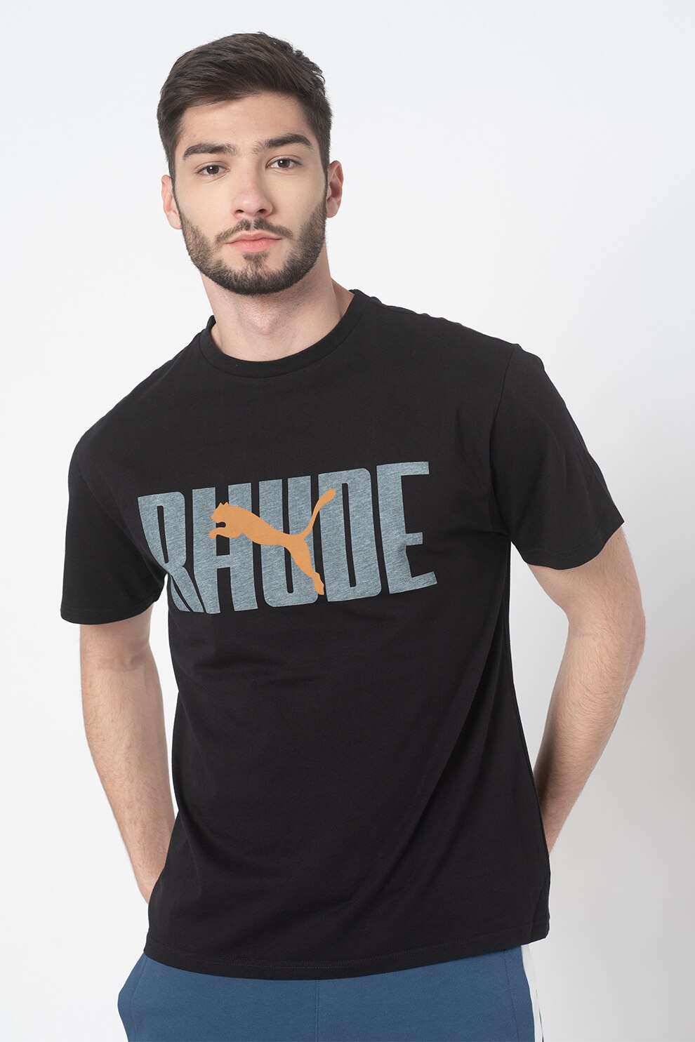 Puma, Tricou cu decolteu la baza gatului si imprimeu grafic, Negru/Gri carbune