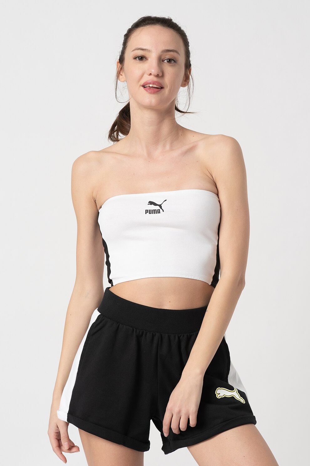 Puma, Top bandeau cu benzi laterale contrastante Classics, Alb optic/Negru, L