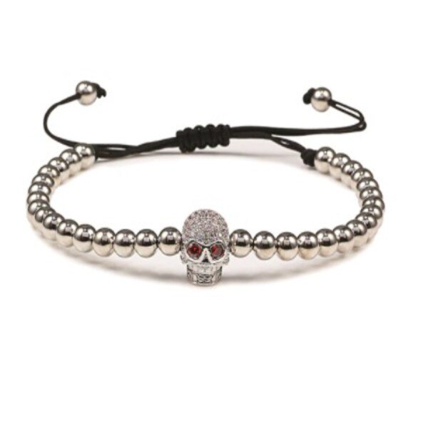 Bratara ajustabila pe snur negru cu bile argintii, accesoriu craniu argintiu