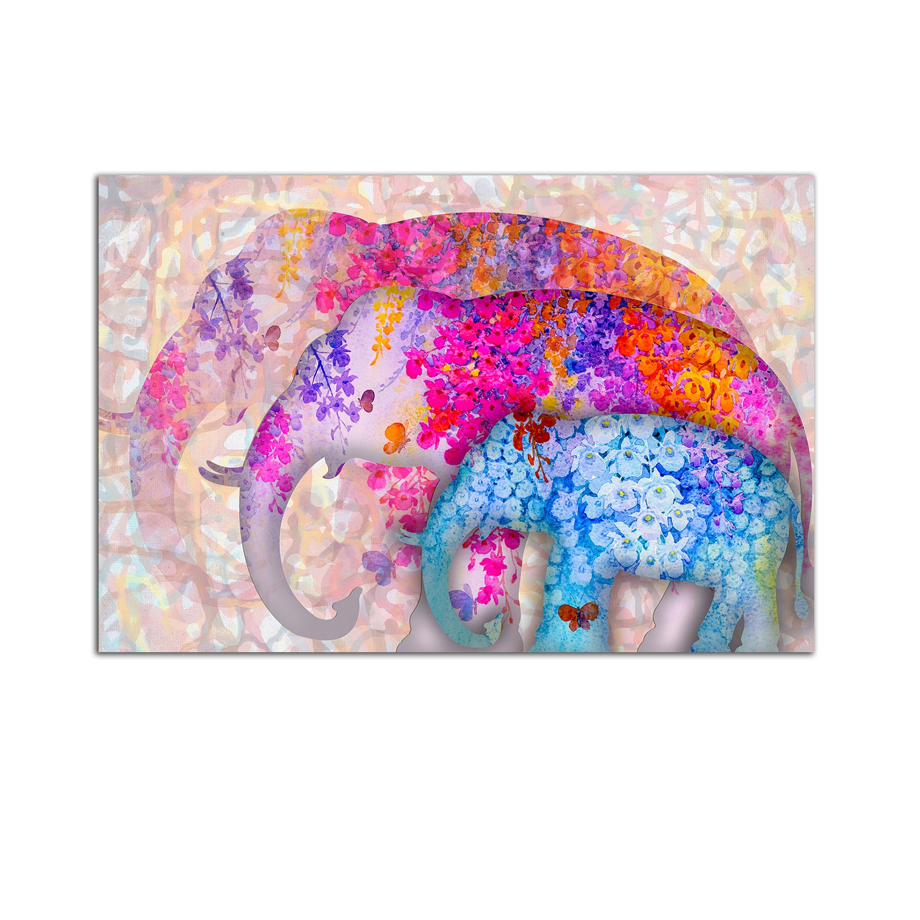 Tablou Startonight pe sticla acrilica Elefanti Florali, luminos in intuneric, 60 cm x 40 cm