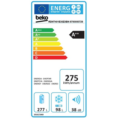 Frigider cu doua usi Beko RDNT401E30ZXBN, 375 l, Clasa A++, NeoFrost Dual Cooling, HarvestFresh, Display touch, No Frost Freezer, H 172 cm, Argintiu