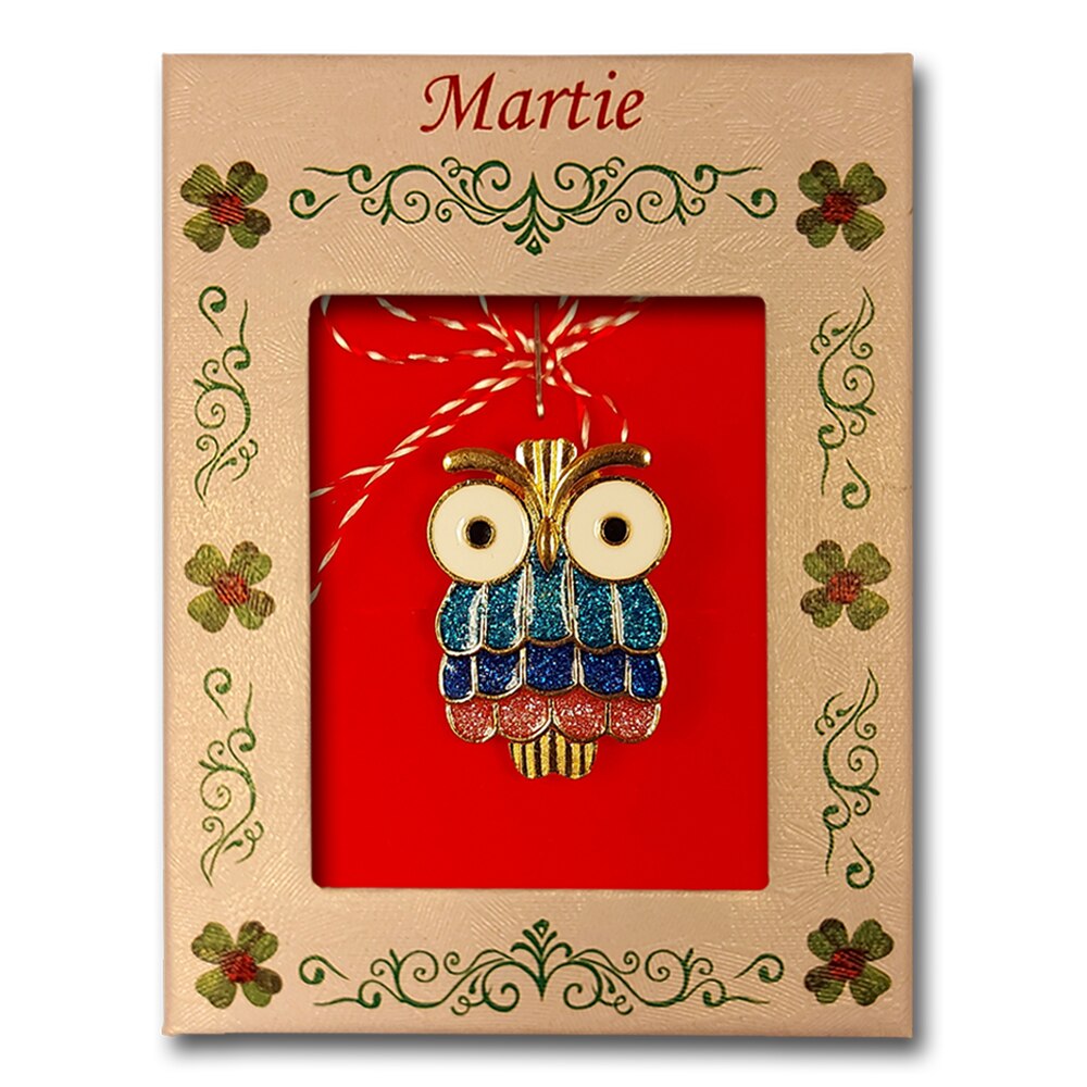 Brosa Martisor ArtDeco Bufnita multicolora mica cu sclipici, realizata din aliaj metalic auriu emailat, dimensiuni 3 cm lungime si 2 cm latime