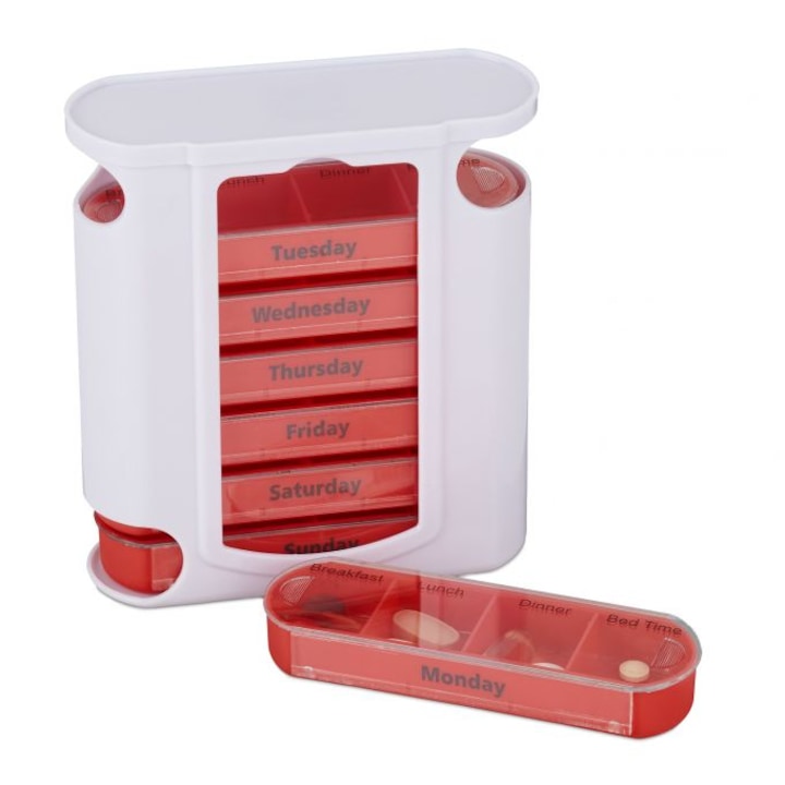 Relaxdays tabletta doboz, heti gyógyszerszervező, levehető edények 4 rekesszel, 13 x 11,5 x 4,5 cm, fehér/piros