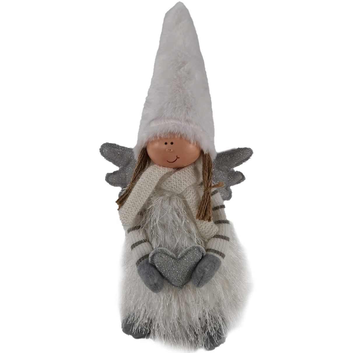 Decoratiune Craciun Ingeras Kring, 30 cm, cu inima si fular, material textil cu lame, Alb/gri