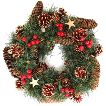 Coronita Kring pentru Craciun, 34 cm, decorata cu conuri, stelute si merisoare Coronita Kring pentru Craciun, 34 cm, decorata cu conuri, stelute si merisoare