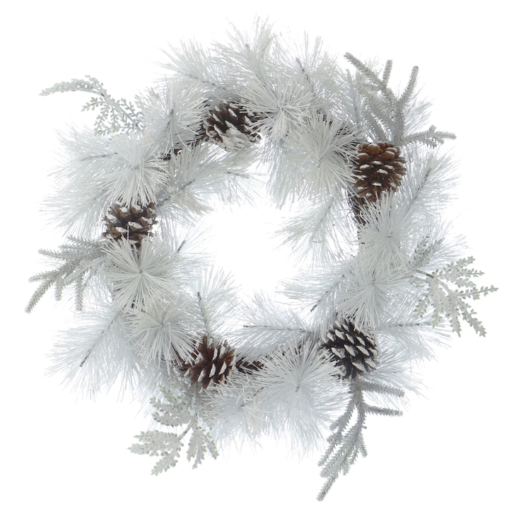 Kring Karácsonyi koszorú havas megjelenéssel és tobozokkal 40 cm, Fehér