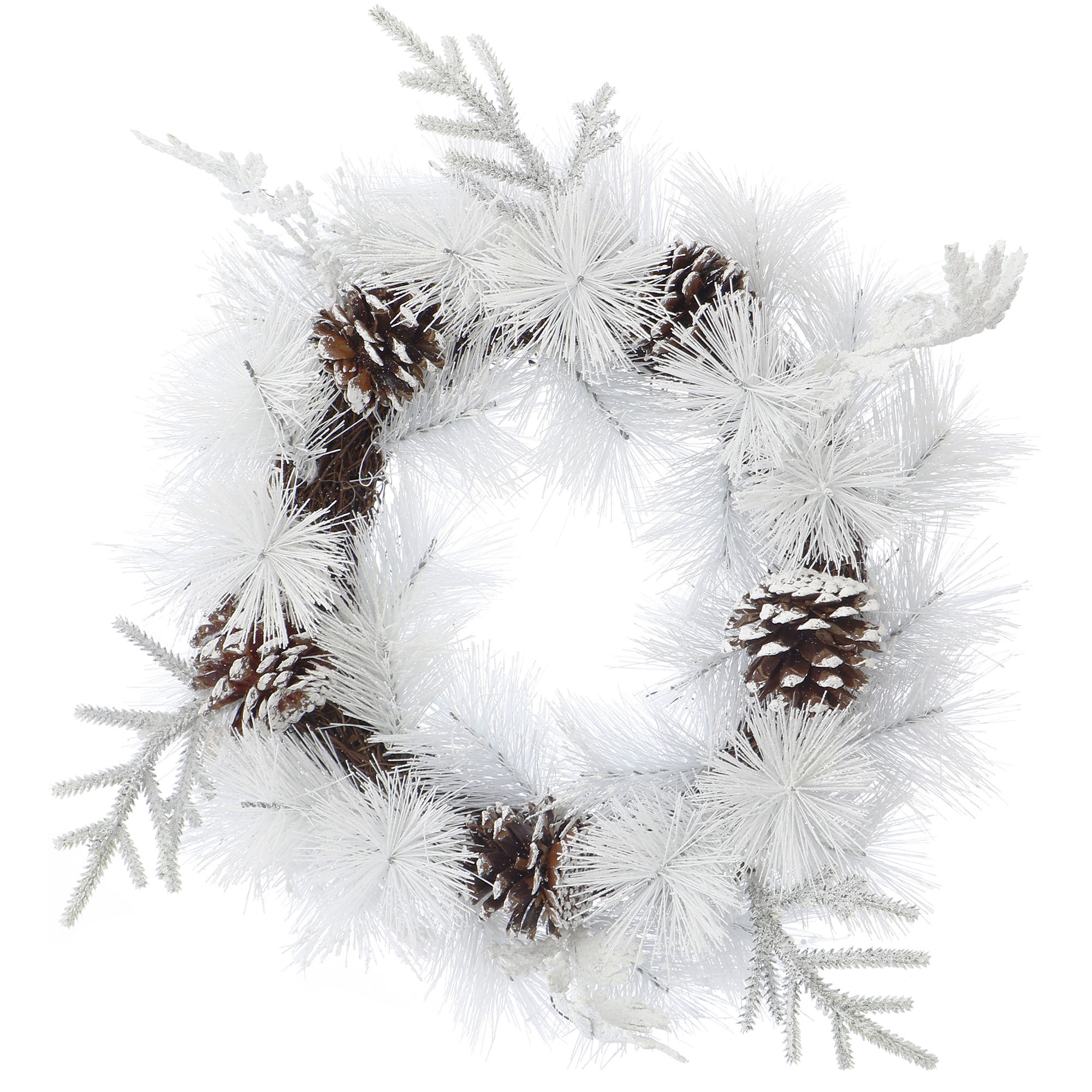 Coronita Kring pentru Craciun, cu aspect nins si conuri 40 cm, Alb