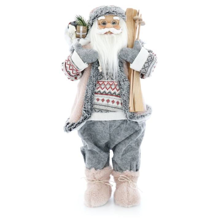 Figurina Mos Craciun Kring, cu schiuri si sac de cadouri, 60 cm, Roz/Gri